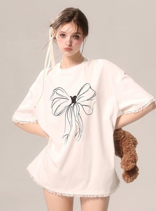 White Loose Short-Sleeved T-Shirt With Bow Lace Trim