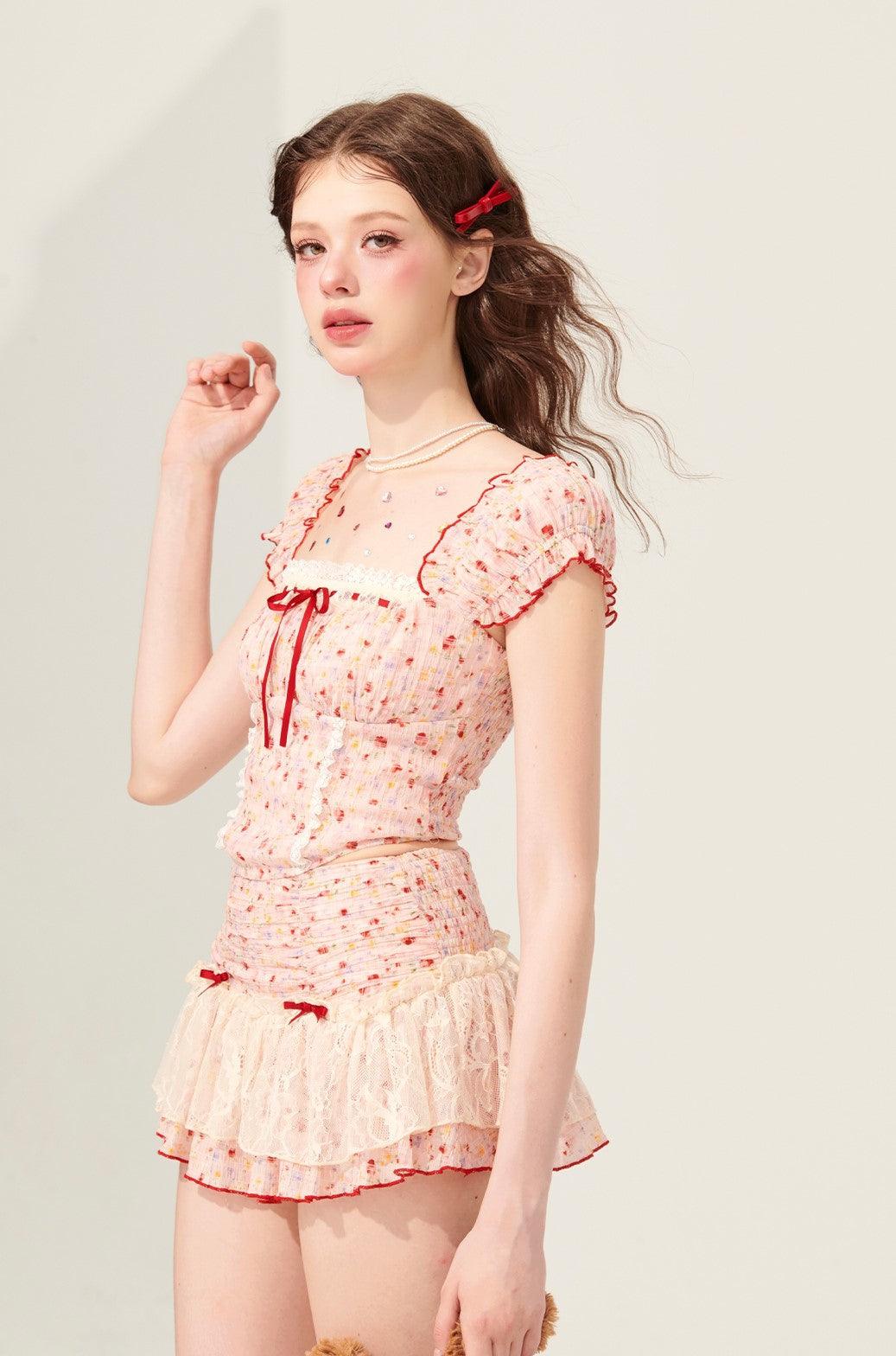 Pink Puff Sleeve Lace Top And Skirt Set