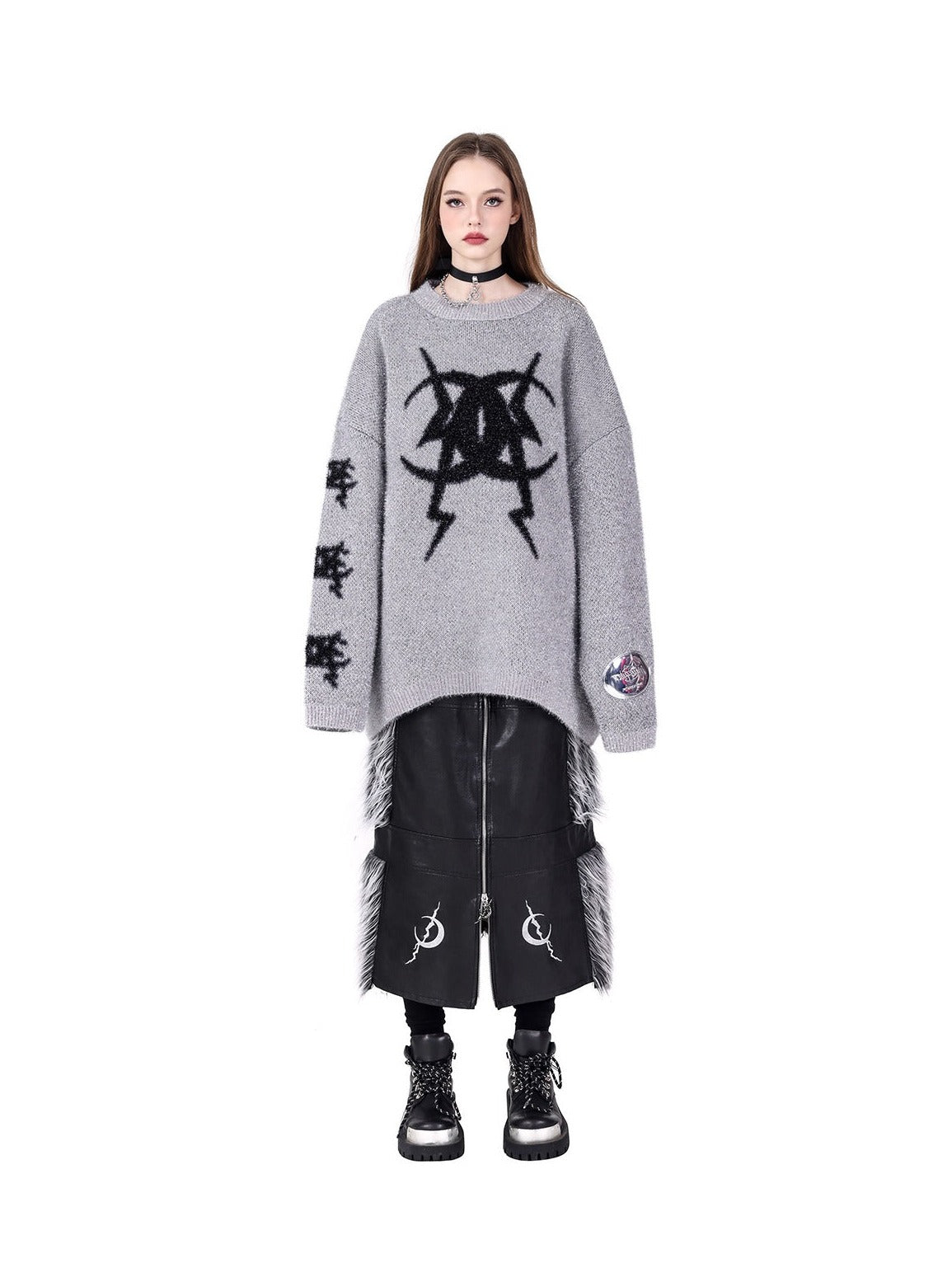 PINKSPINK Gothic Symbol Oversized Sweater - Grey and Pink