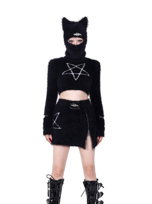 PINKSPINK Pentagram Fuzzy Crop Top and Skirt Set - Black