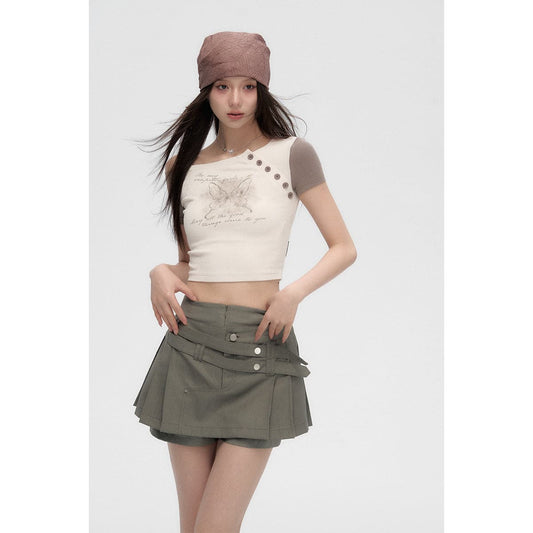 Butterfly Print Diagonal Shoulder Tee In Khaki