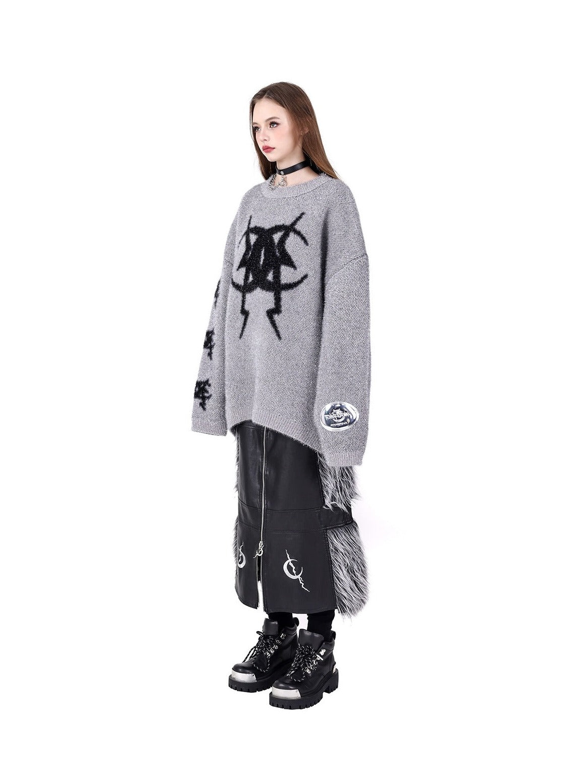 PINKSPINK Gothic Symbol Oversized Sweater - Grey and Pink