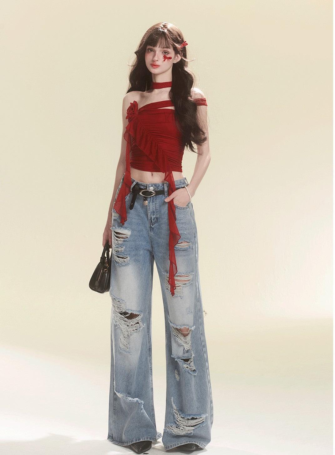 Stylish Red Tube Top And Denim Pants Set