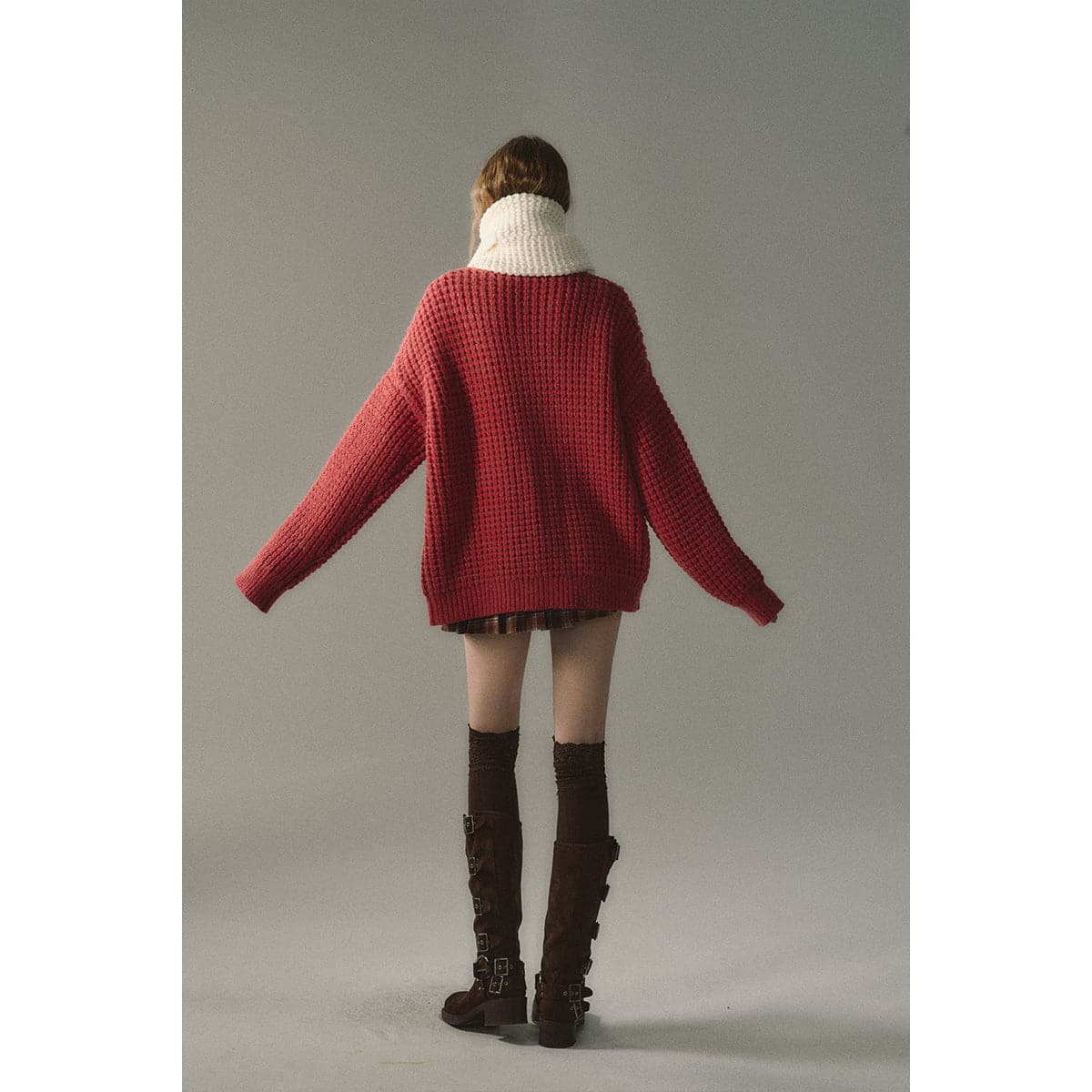 Red Waffle-Knit Cardigan