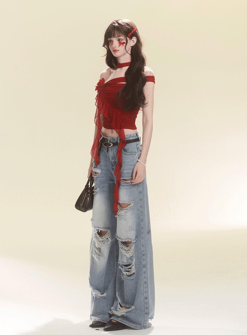 Stylish Red Tube Top And Denim Pants Set