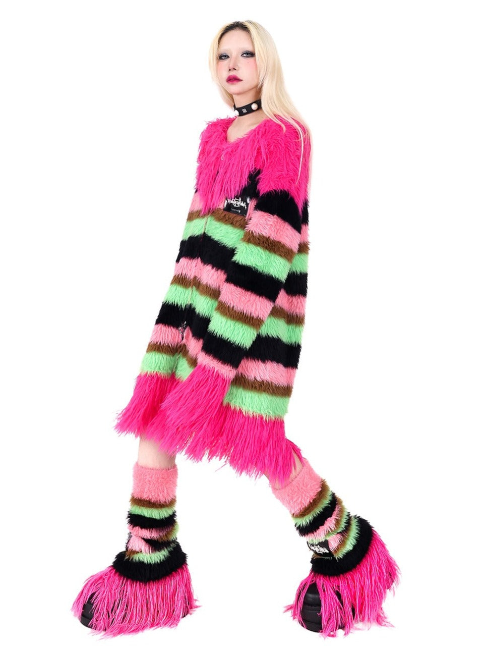 PINKSPINK Neon Striped Faux Fur Coat - Multi-color