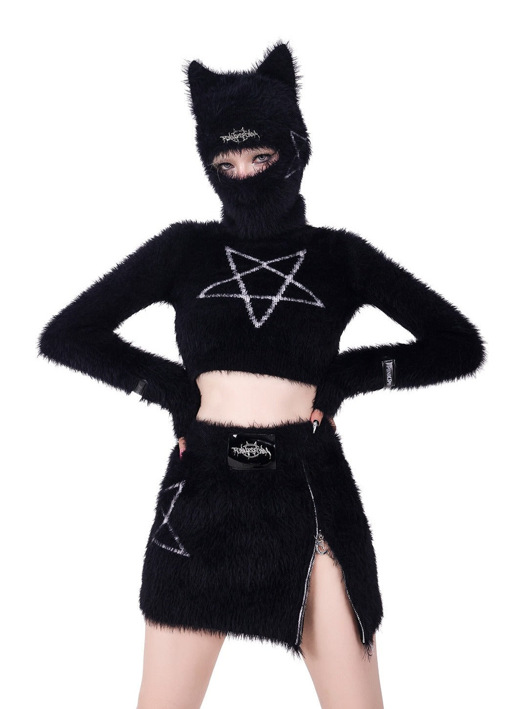 PINKSPINK Pentagram Fuzzy Crop Top and Skirt Set - Black