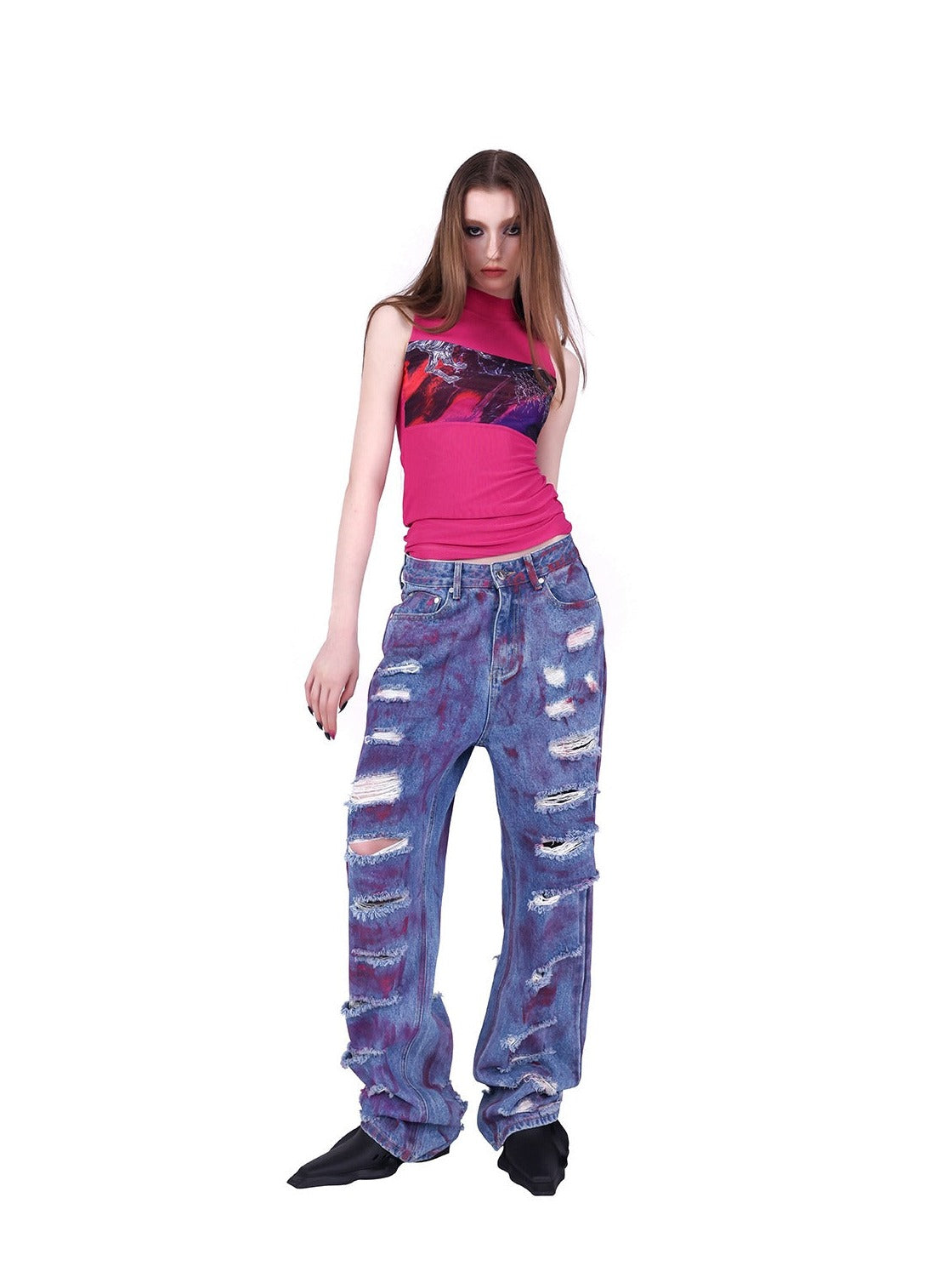 PINKSPINK Cosmic Shred Wide-Leg Jeans - Purple Tie-Dye