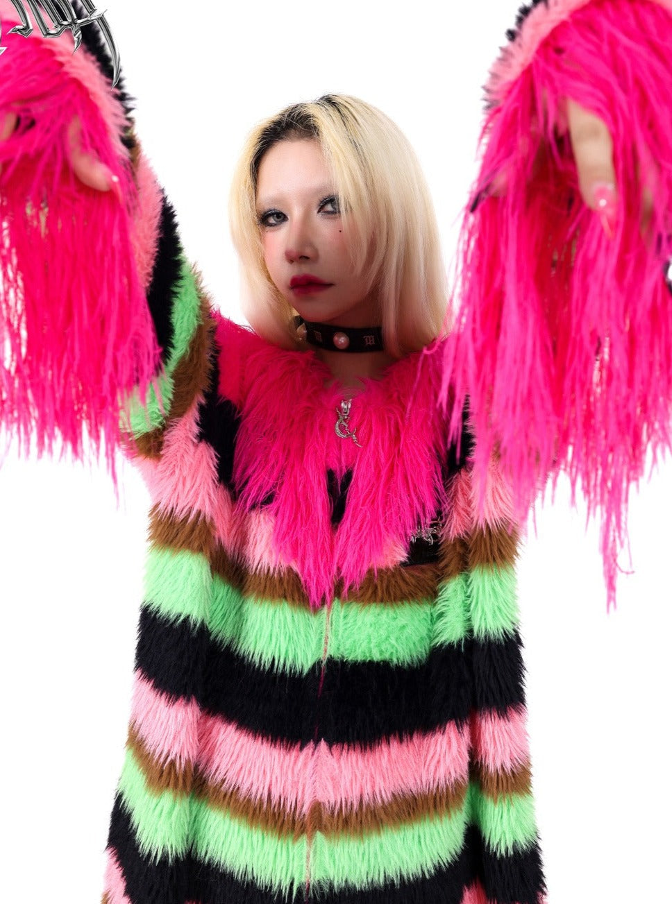 PINKSPINK Neon Striped Faux Fur Coat - Multi-color