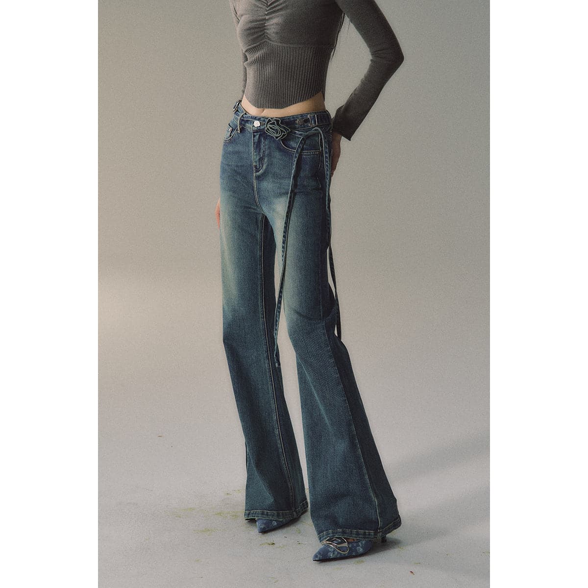 Blue Rose Belted Flare Jeans