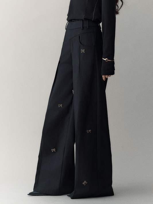 Elegant Metal Flare-Pants With Ribbon Charm