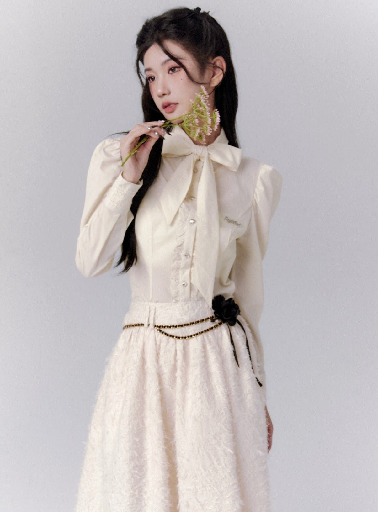 Vintage-Inspired Cream Puff Sleeve Blouse and Midi Skirt Set