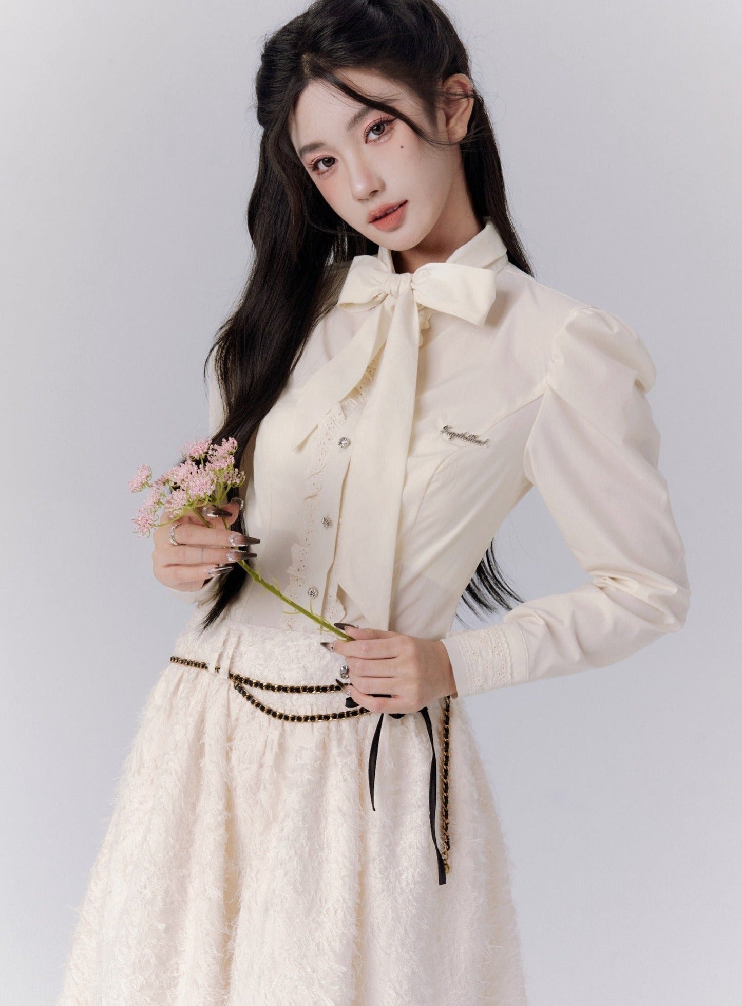 Vintage-Inspired Cream Puff Sleeve Blouse and Midi Skirt Set