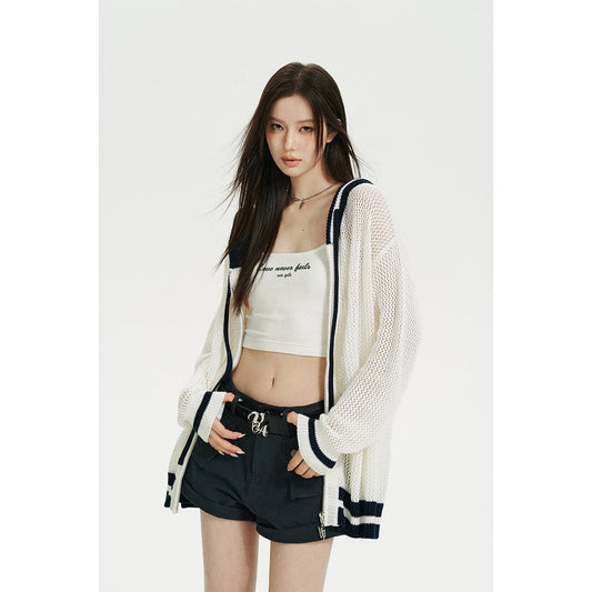 White Color Blocked Knit Zip Hoodie