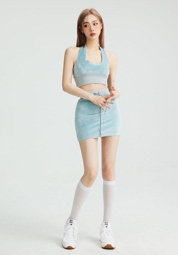 Velvet Halter Tank Top & Skirt Sports Two-Piece Set