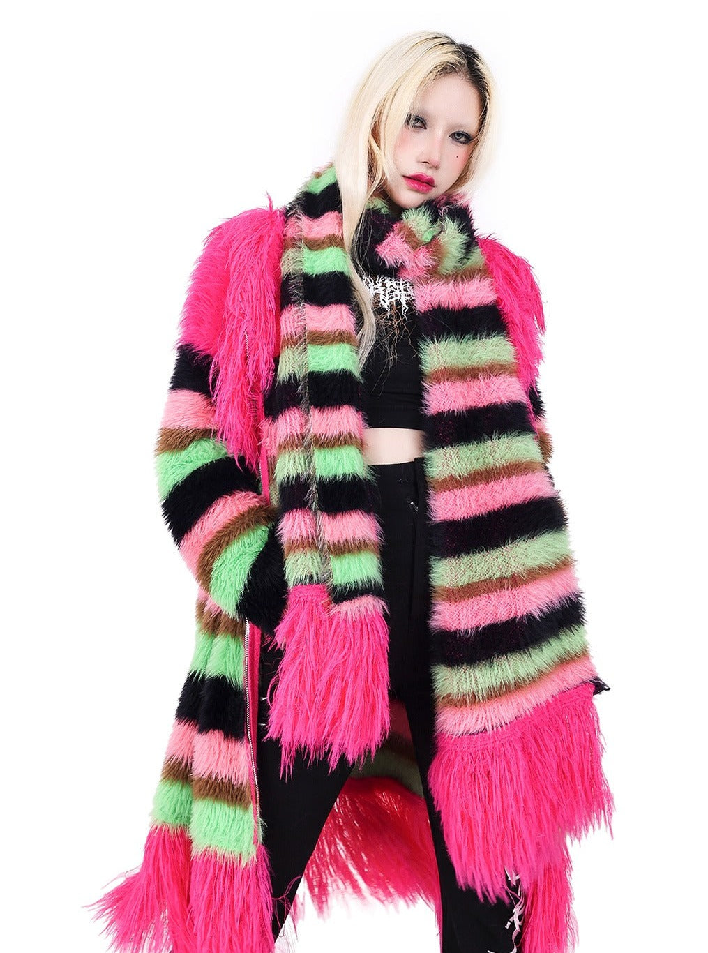 PINKSPINK Neon Striped Faux Fur Coat - Multi-color