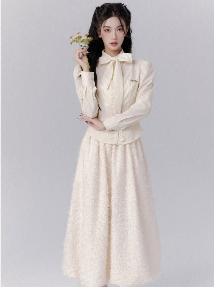 Vintage-Inspired Cream Puff Sleeve Blouse and Midi Skirt Set