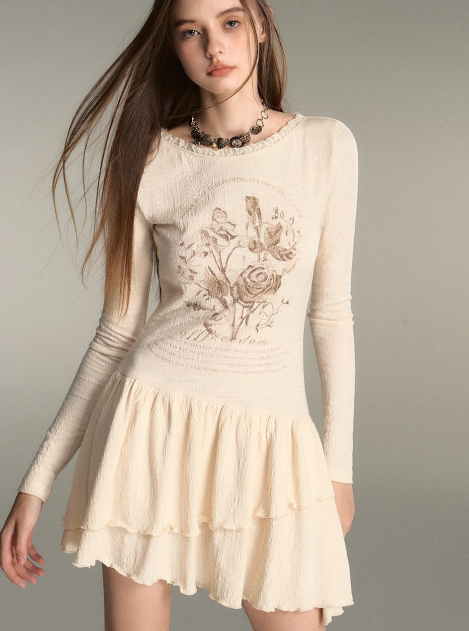 Sense Irregular Lace Panel Long-Sleeved Dress