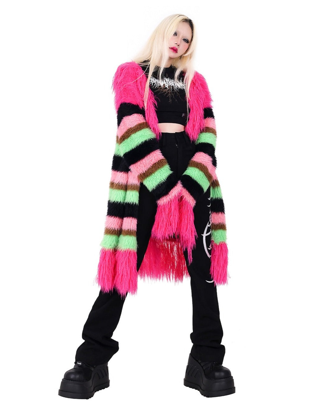 PINKSPINK Neon Striped Faux Fur Coat - Multi-color