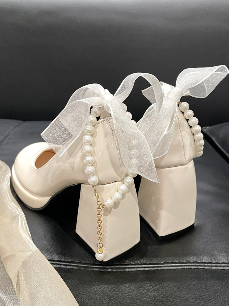 Round Toe Mary Jane Heels Shoes with Double Layered Pearls Chain