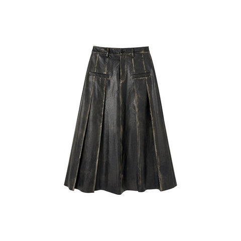 Black Leather Pleated Long Skirt - Brush-Off Elegance