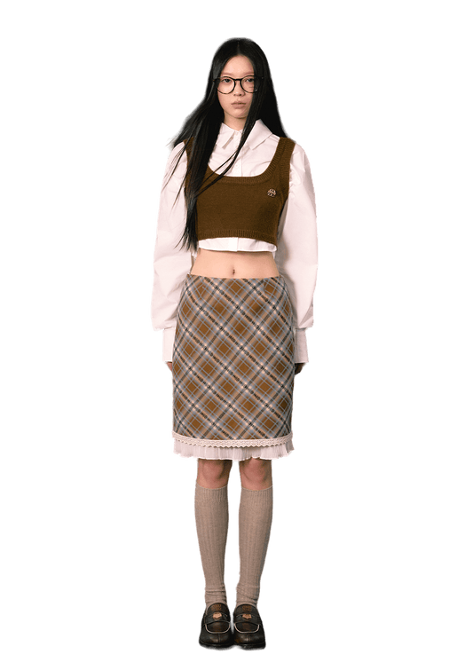 Cropped Shirt & Vest & Plaid Ruffle Lace Midi Tube Skirt