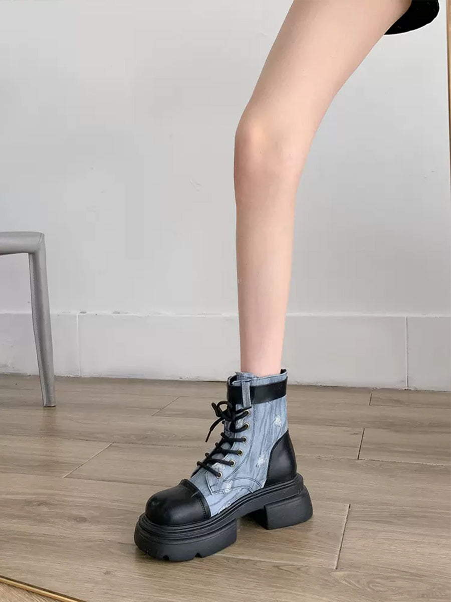 Western Vintage Ribbed Patchwork Sock Style Denim Slip Resistant Sole Chunky Heel Ankle Boots