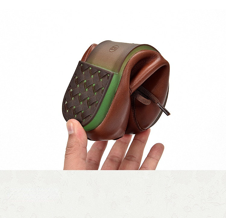 Casual Solid Color Round Toe Flat Leather Shoes