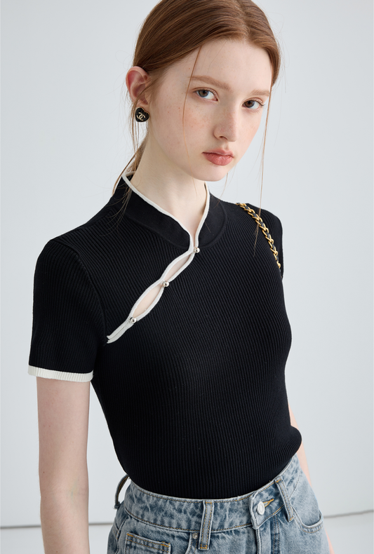 Bicolor Stand Collar Short Knit