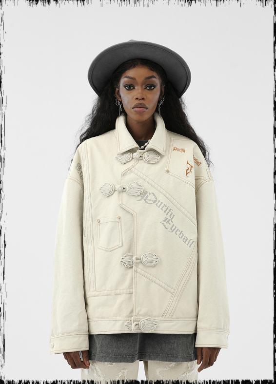 Short Jacket With Coil Buckle Lapel And Embroidery