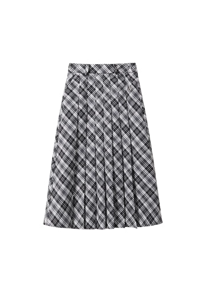 Classic Black and White Plaid Midi Skirt: A-Line Pleated Tartan Check Pattern with High Waist