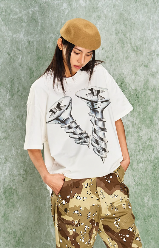 Edgy Cross Digital Print Screw Detail Tee
