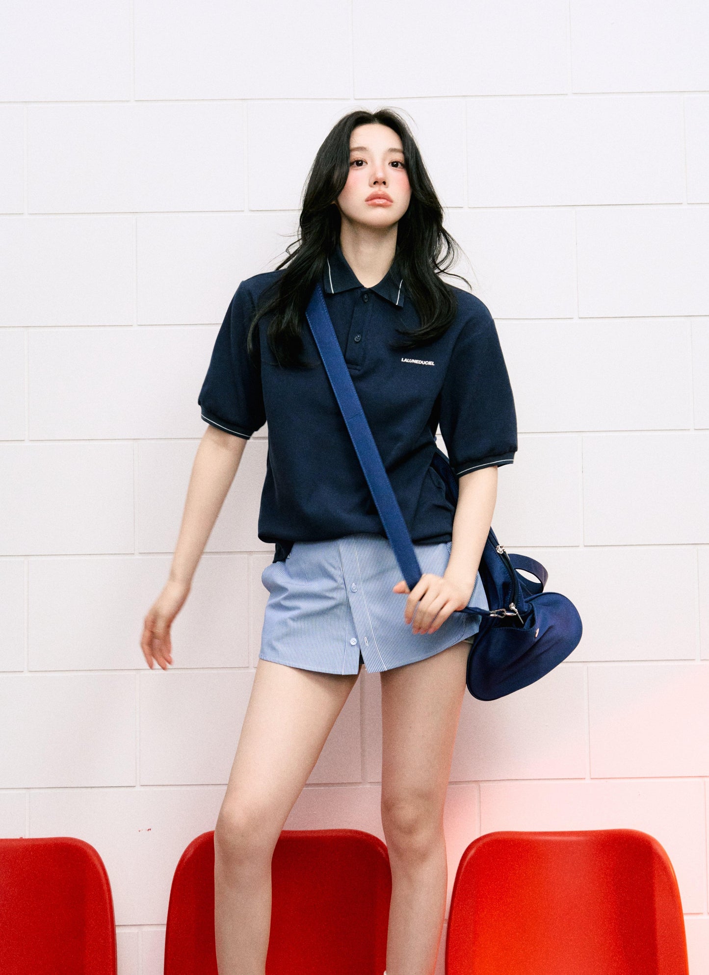 Classic Polo Shirt & A-Shaped Layered Buttoned Woven Skirt Shorts Set