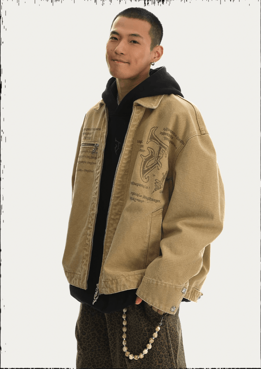 Printed Canvas Work Jacket With Zipper