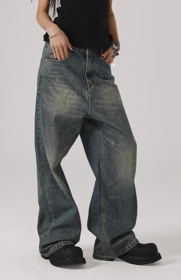 Washed Cat Whiskers Holes Denim Jeans