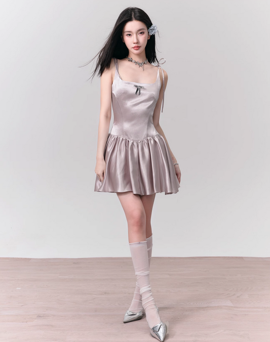 Silvery Pink Gingham Suspender Swing Dress