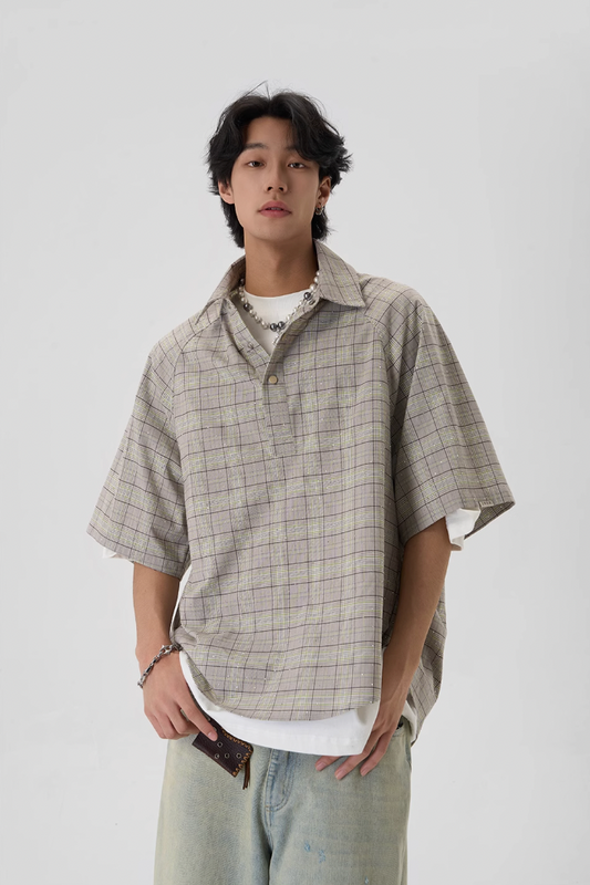 Plaid Hot Diamond Pullover Short Sleeve Shirt