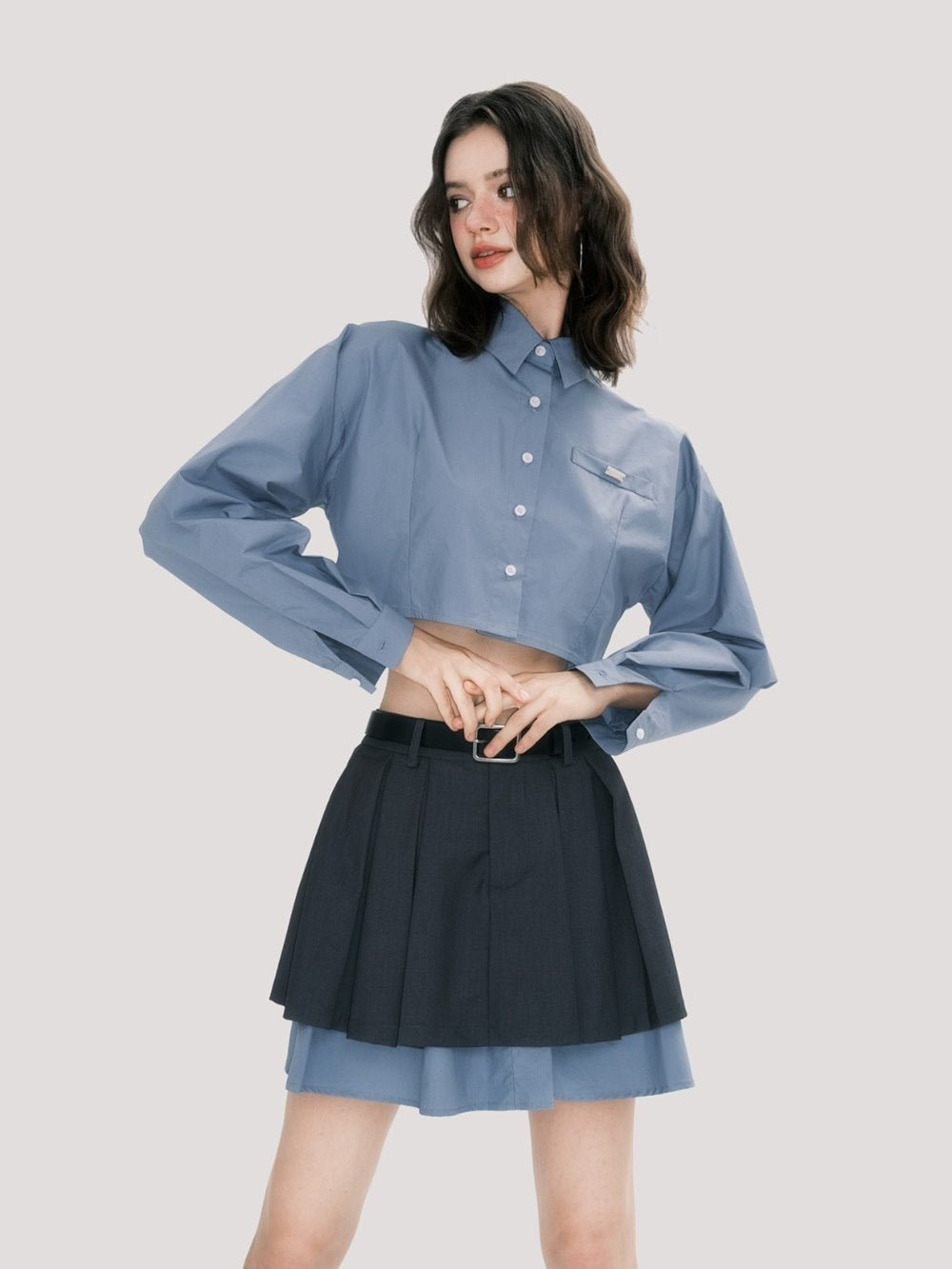 Chic Scholar Cropped Shirt And Pleated Skirt Set