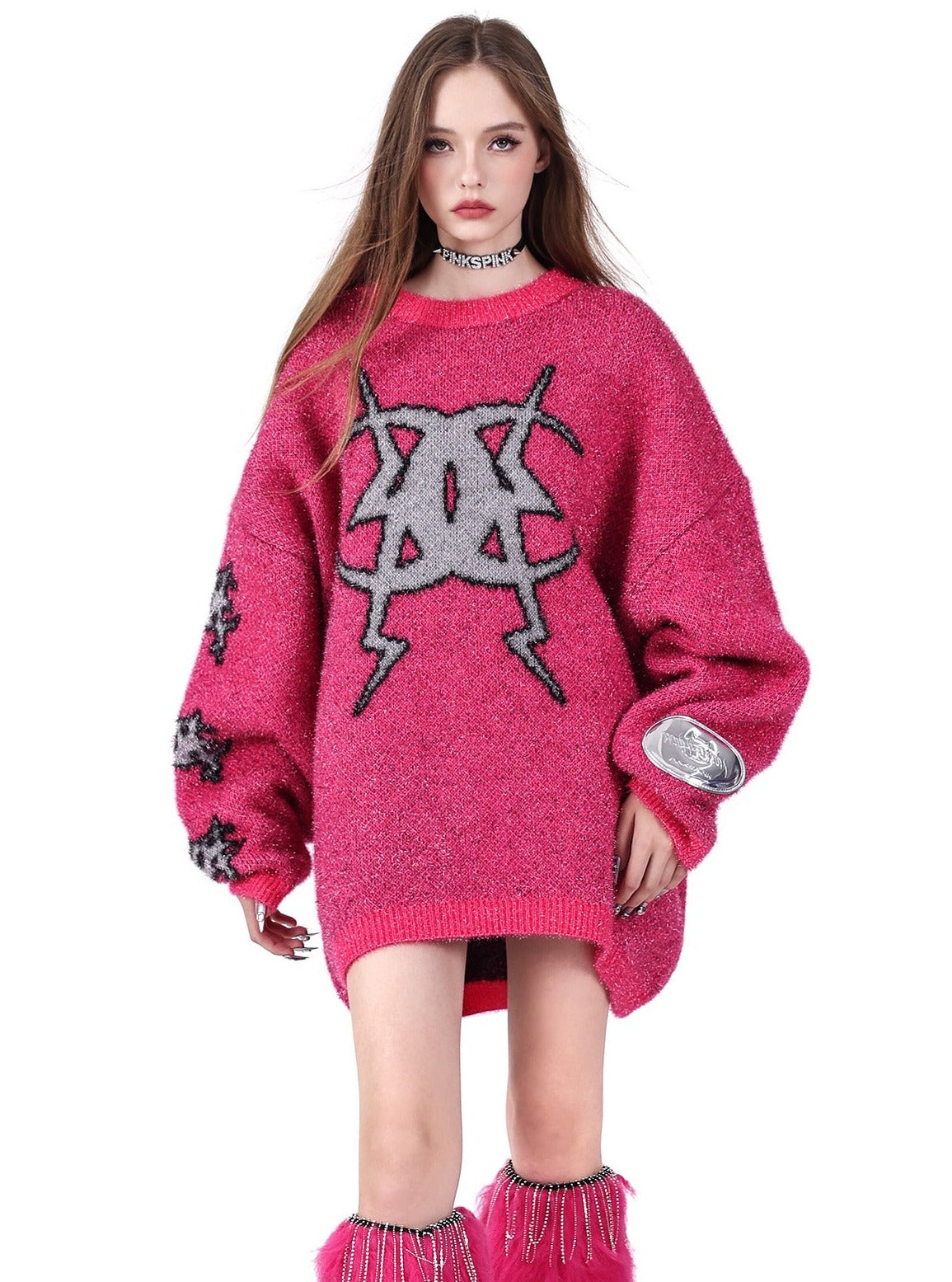 PINKSPINK Gothic Symbol Oversized Sweater - Grey and Pink