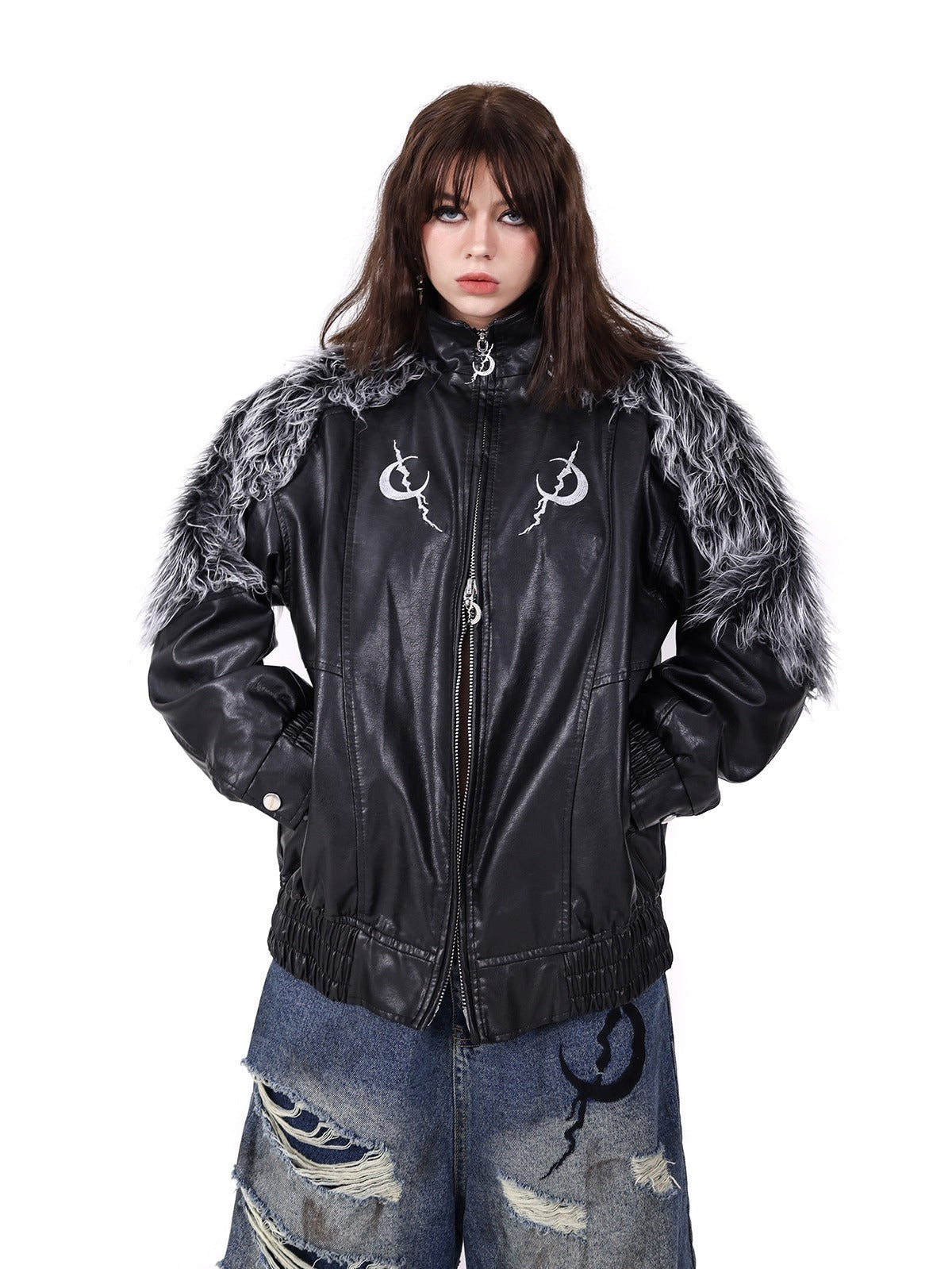 PINKSPINK Gothic Lunar Bomber Jacket - Black with Faux Fur