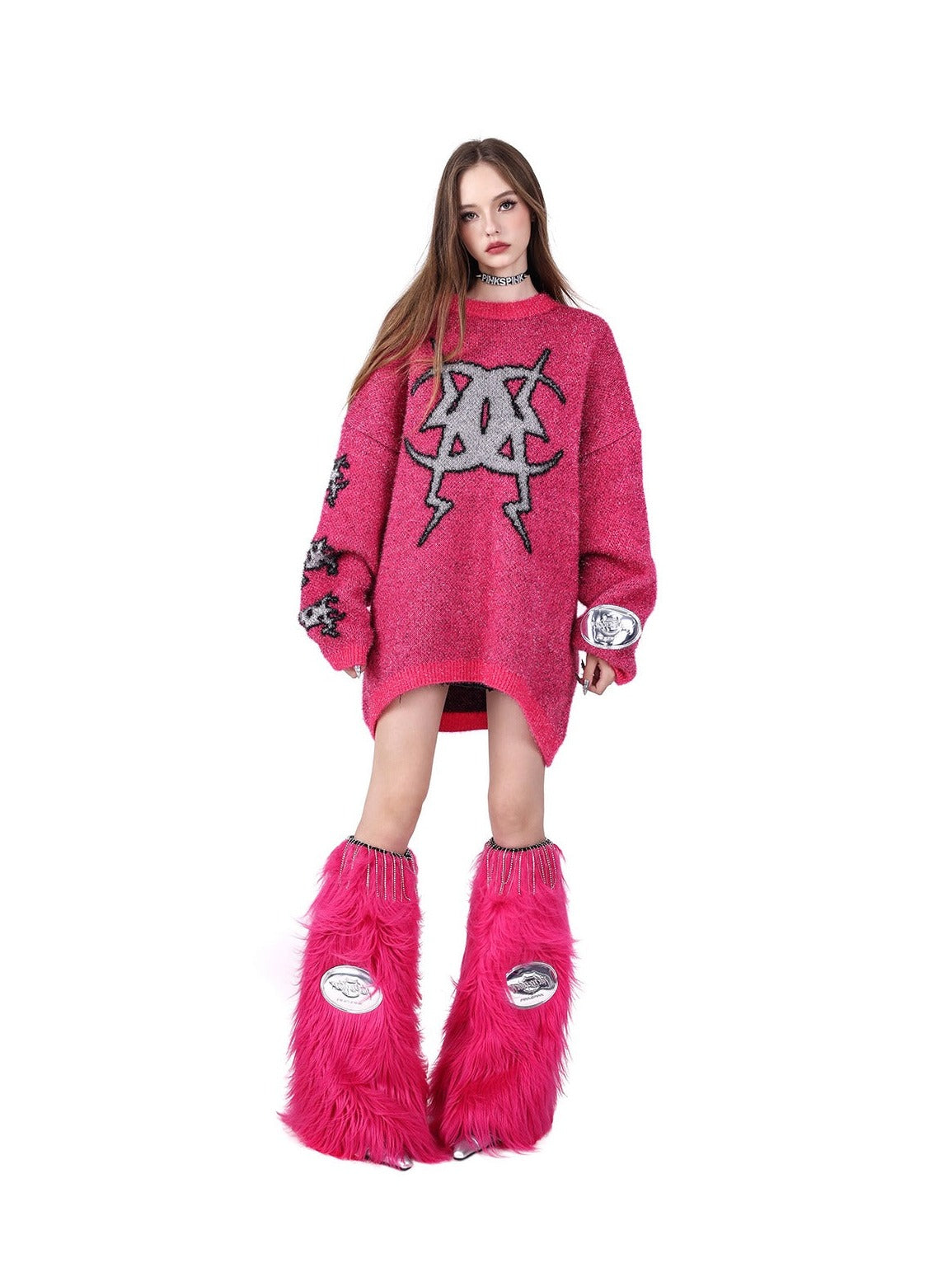 PINKSPINK Gothic Symbol Oversized Sweater - Grey and Pink