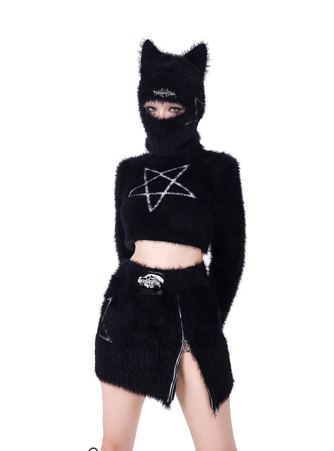 PINKSPINK Pentagram Fuzzy Crop Top and Skirt Set - Black