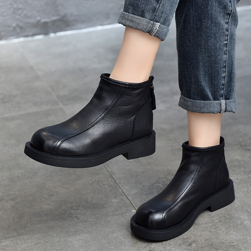 Classic Leather Back Zipper Short Boots