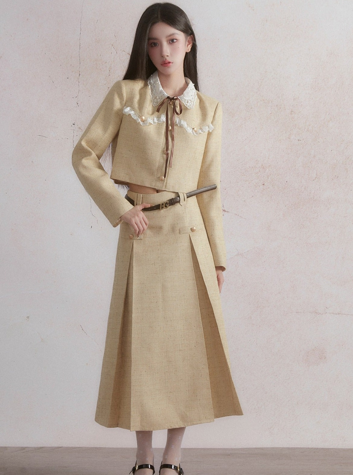 Vintage Prairie Chic Crop Jacket and A-Line Midi Skirt Set - Golden Wheat