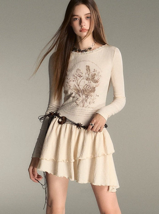 Sense Irregular Lace Panel Long-Sleeved Dress