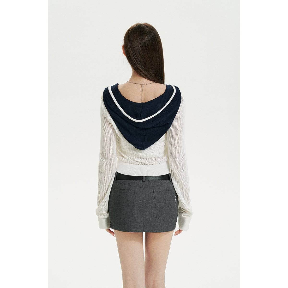 White Color Blocked Knit Short Zip Hoodie