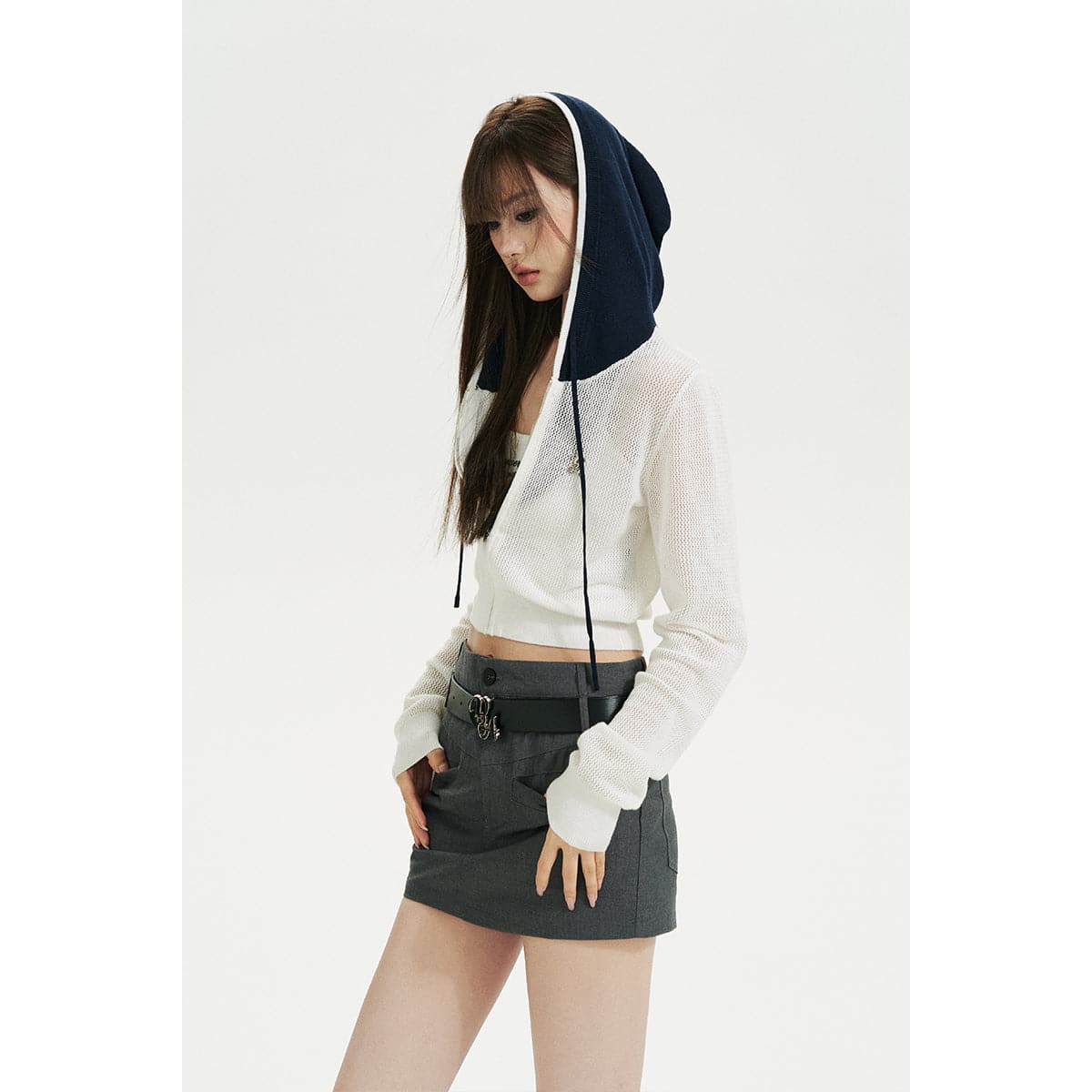 White Color Blocked Knit Short Zip Hoodie