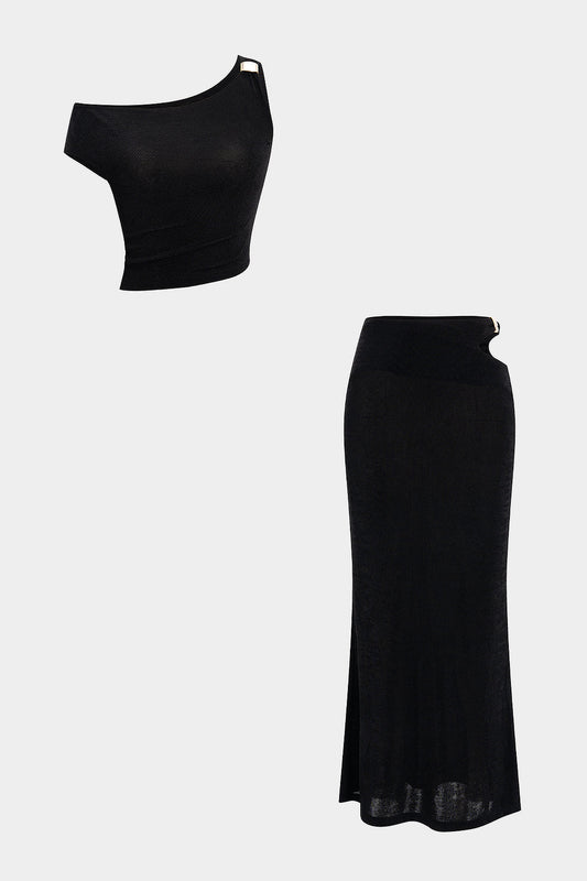 Asymmetrical Metallic Decor Top And Cut Out Skirt Set