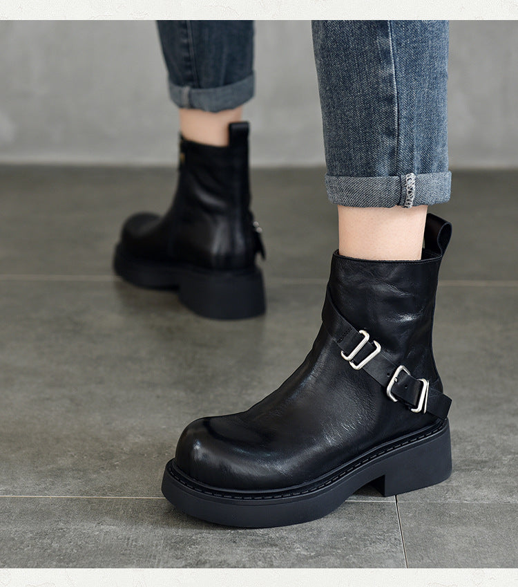 British Style Leather Thick Bottom Short Boots