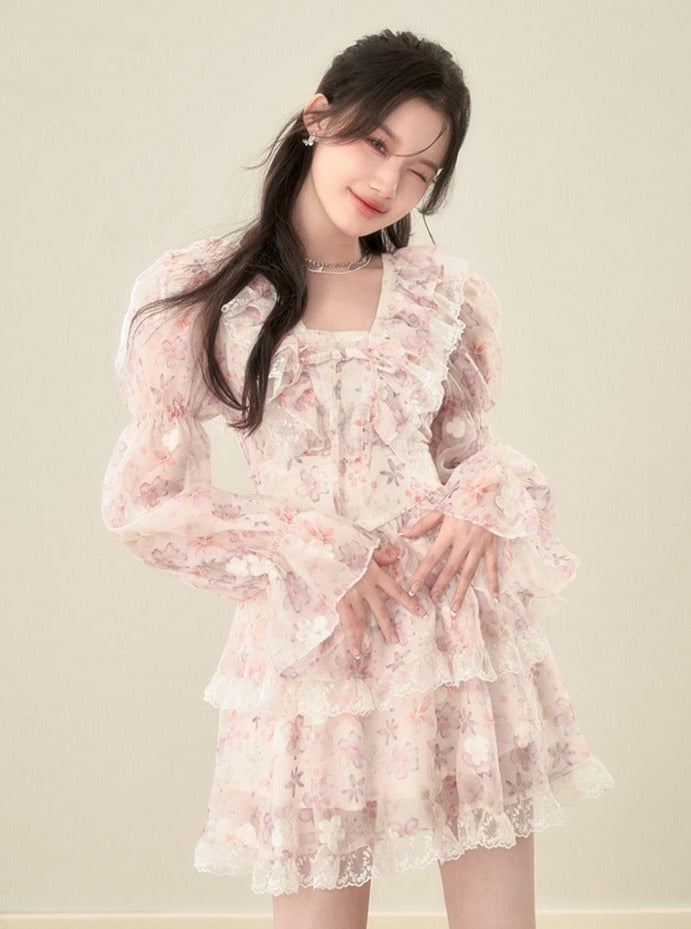 Sweet Romantic Lace Ruffle Waist Dress